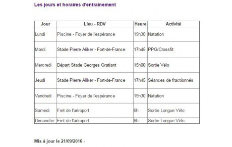 Les horaires d'entrainement saison 2017
